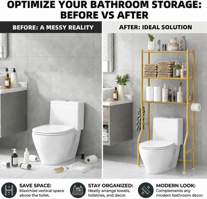 GloTika 3-Tier Over Toilet Storage, Anti-Tilt, 64" H, Black | Anti-Tilt Safety System, 150lb Capacity, Carbon Steel, Freestanding, No Drilling, Anti-Rust Coating, Paper Holder & 4 Hooks