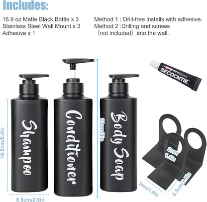 AUMIO 16.9oz Shampoo Dispenser for Shower Wall 3 Chamber, Drill Free Shampoo and Conditioner Dispenser with 6 Waterproof Labels, Wall Mounted Shower Soap Dispenser Shampoo Bottles for Home Bathroom