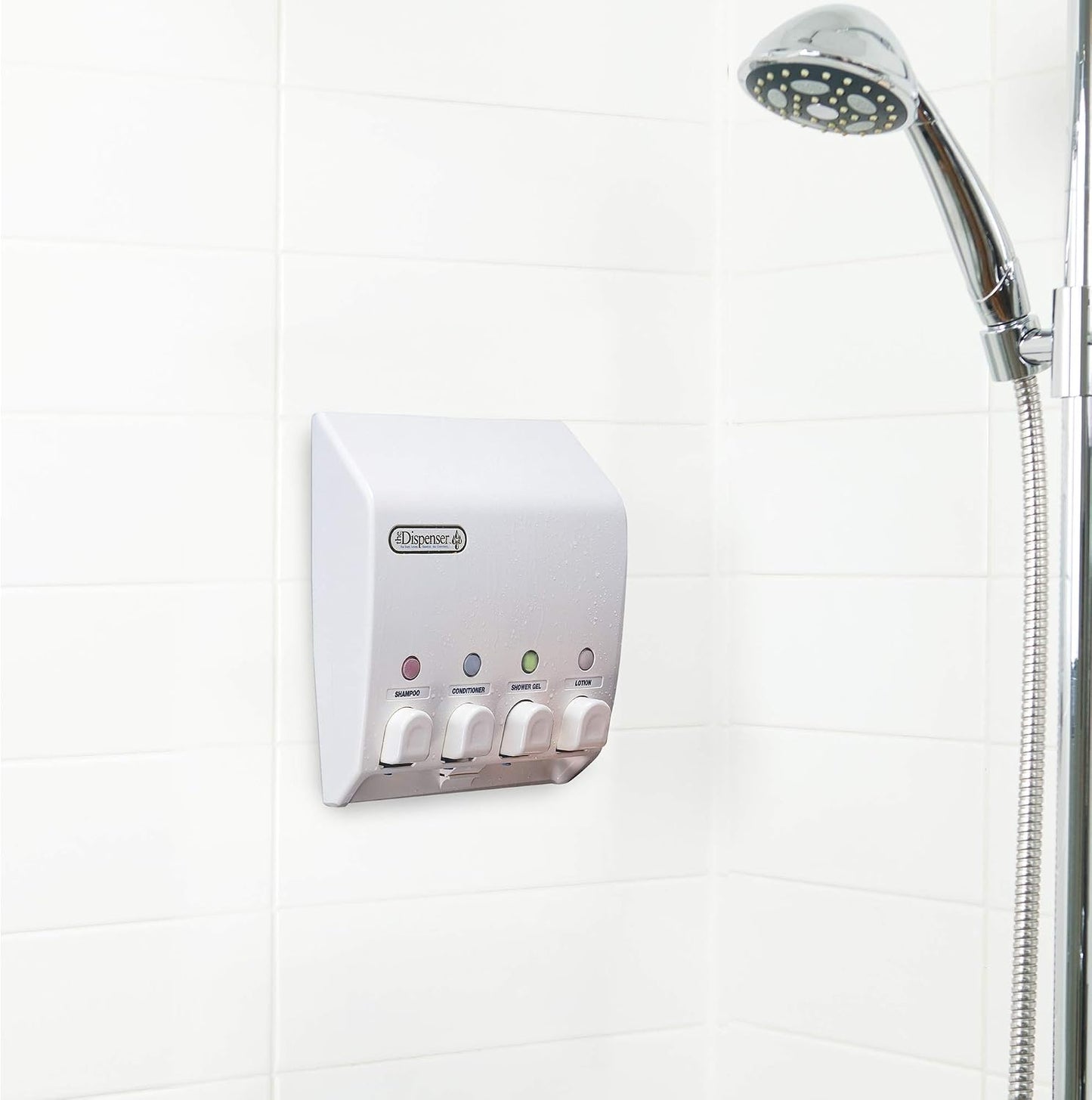 Better Living Classic Wall Mount Shower Dispenser, 4 x 14.5 oz, White | 4 Chamber, Shampoo, Conditioner, Body Wash and Soap Dispenser, No Drill Adhesive, 9.5" x 3" x 10.75"