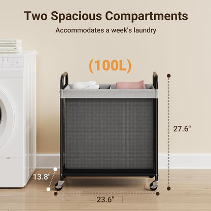 ELYKEN Laundry Hamper 2 Section, 100L Rolling Laundry Sorter with Wheels | Removable Washable Liner Bags, Sturdy Steel Frame and Metal Handle, Double Compartment Clothes Organizer for Laundry Sorting