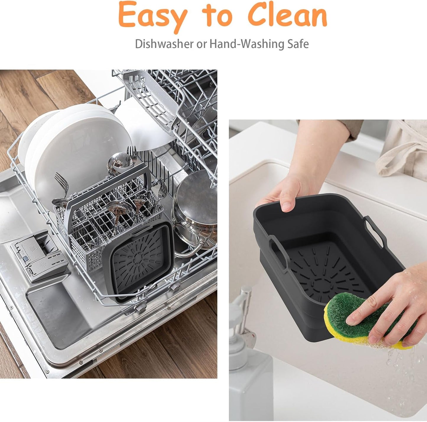 2Pcs Air Fryer Silicone Liners with Magnetic Cheat Sheet, 8-10 QT, Grey | 2 Pack, Reusable, Replacement Basket Bowl, Collapsible Baking Tray, Air Fryer Accessories