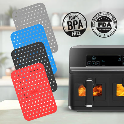 Lotteli Kitchen Reusable Air Fryer Liners, Rectangle, 4 Pack | Air Fryer Accessorie - 5.25 x 8in Silicone Liners for Dual Baskets - Non-Stick, No More Scrubbing