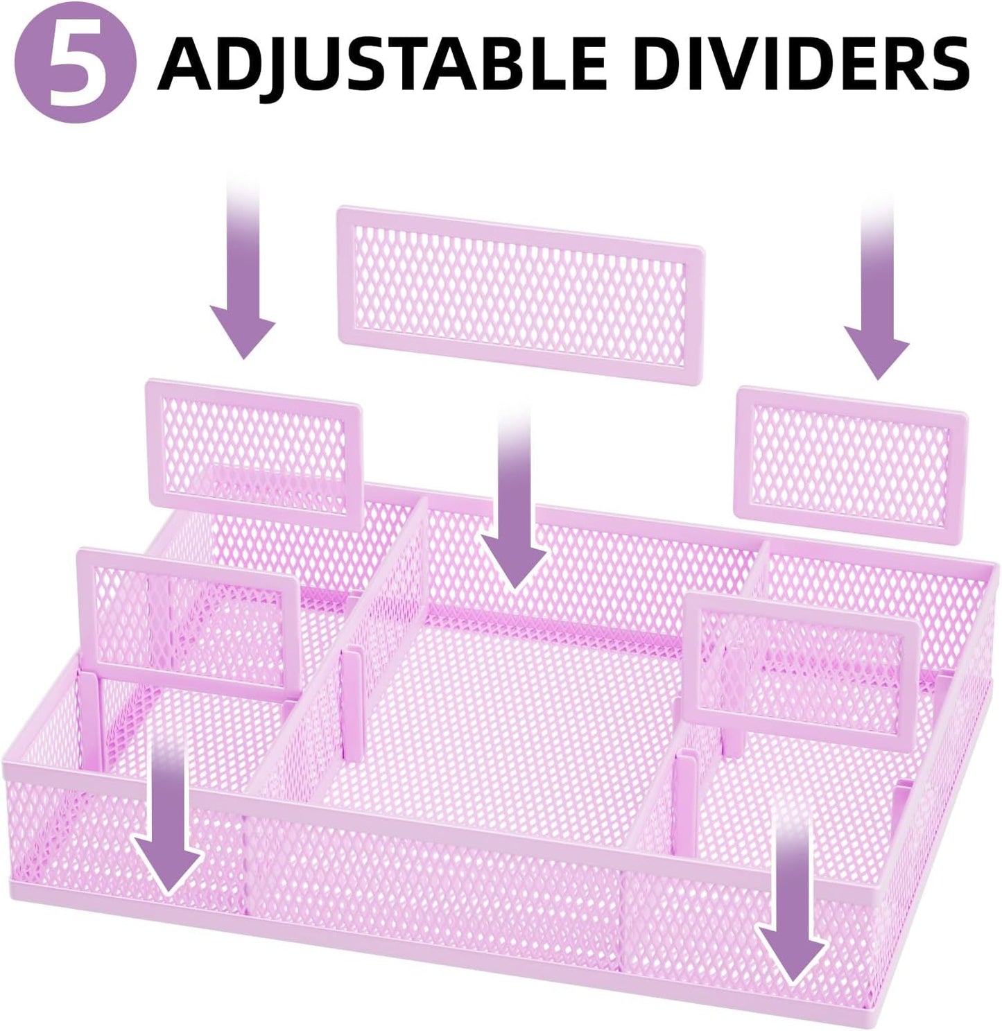 Marbrasse 2 Pack Desk Drawer Organizer, Mesh Drawer Organizer Tray with 8 Adjustable Compartments, Desk Organizers and Accessories, 5 Dividers Drawer for Office Supplies, Makeup & Vanity (Black)