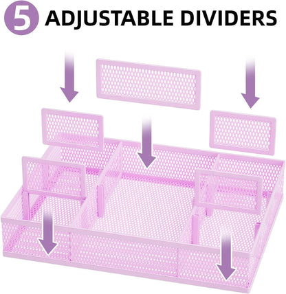 Marbrasse 2 Pack Desk Drawer Organizer, Mesh Drawer Organizer Tray with 8 Adjustable Compartments, Desk Organizers and Accessories, 5 Dividers Drawer for Office Supplies, Makeup & Vanity (Black)
