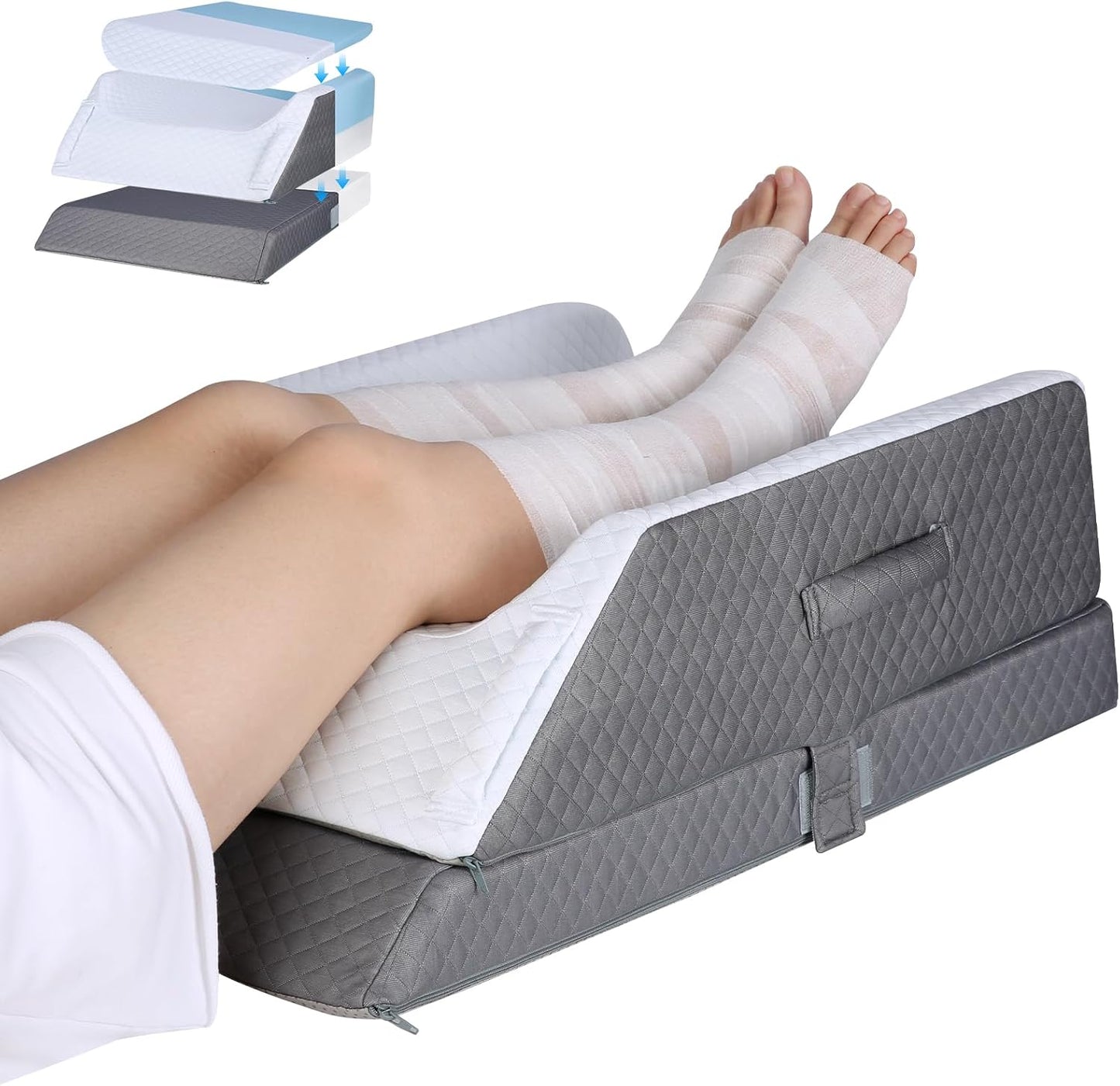 3-Height Adjustable Wide Leg Elevation Pillows for After Surgery or Sleeping, Memory Foam Support for Both Legs, Knee & Ankle Wedge for Swelling & Circulation, Removable Washable Velvet Cover