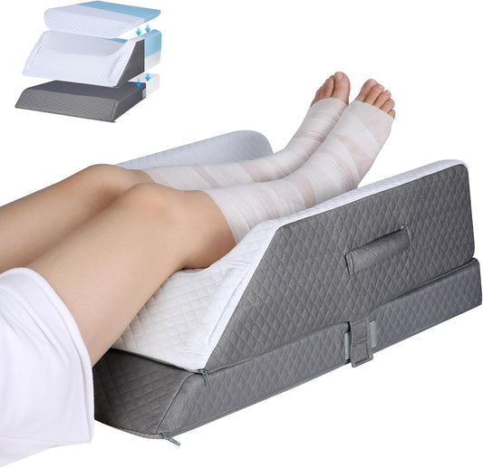 3-Height Adjustable Wide Leg Elevation Pillows for After Surgery or Sleeping, Memory Foam Support for Both Legs, Knee & Ankle Wedge for Swelling & Circulation, Removable Washable Velvet Cover