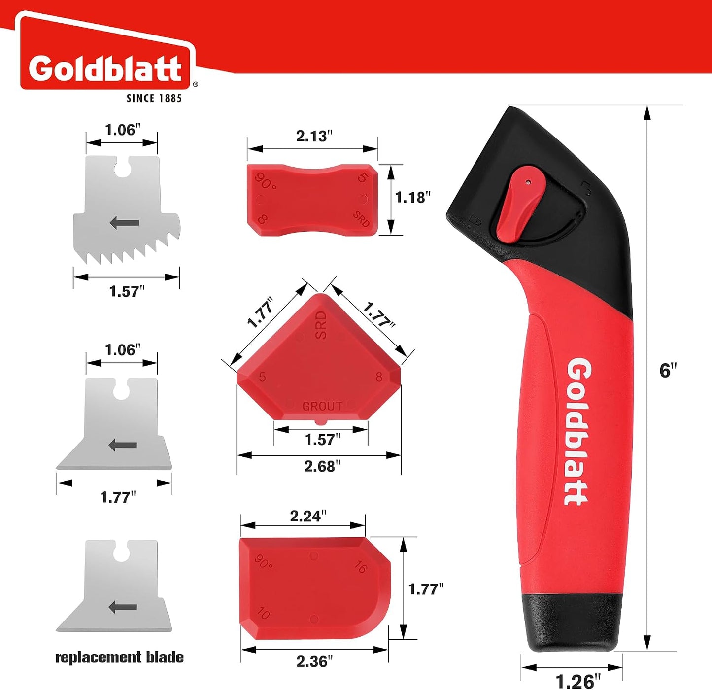 Goldblatt Grout Removal Tool with 3 Stainless Blades, Caulk Scraper Remover | Caulk Remover Tool, Grout Scraper, 3 Metal Blades + 3 Finishing Tool, Multi-angle Smoothing, for Silicone on Tub & Sink