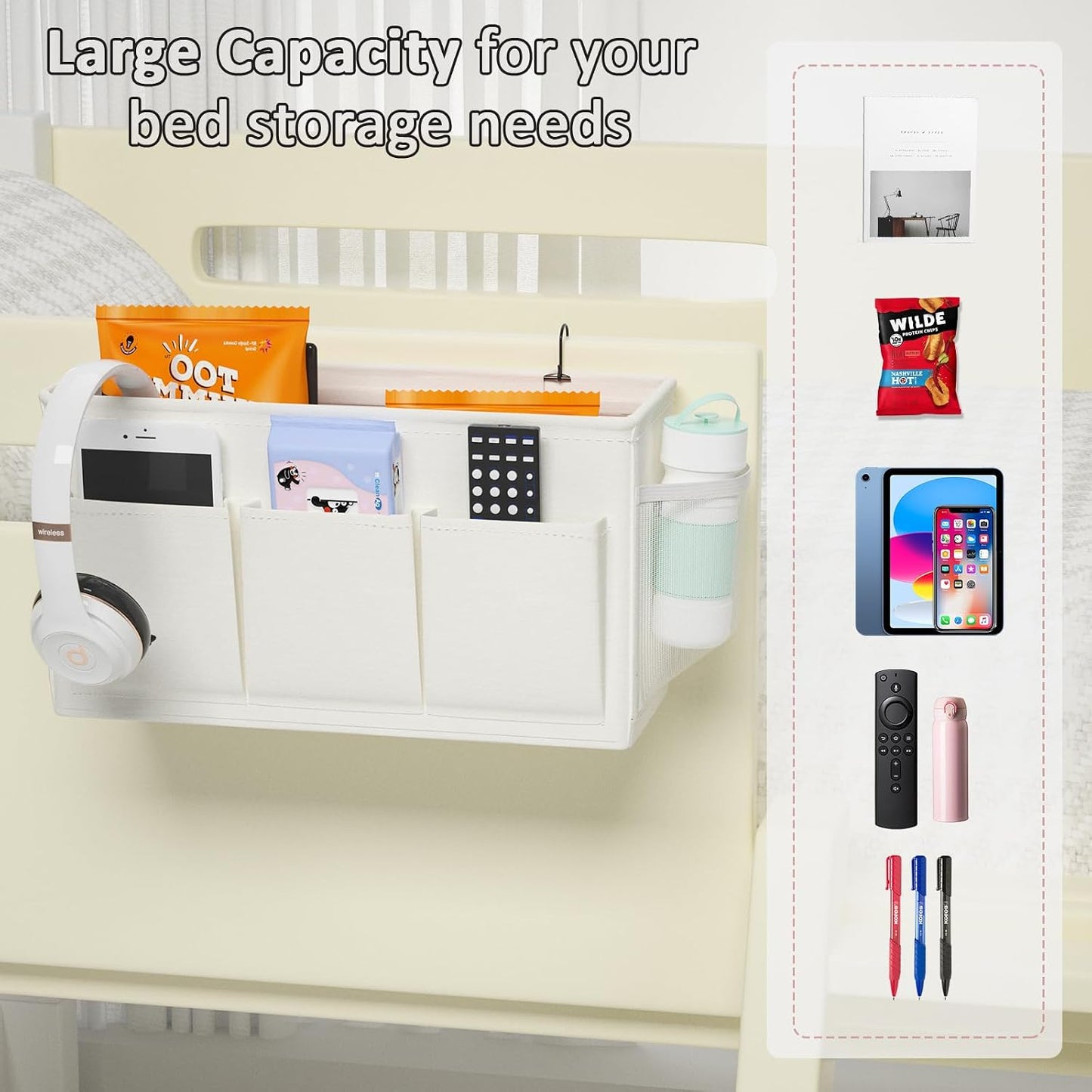 Bedside Caddy Bedside Storage Hanging Organizer for Bunk Dorm Bed Rail | Bed Caddy with Hooks, Top Bunks and Dorm Essentials for Water, Tissues, Tablets, Books, Phones, Remotes and Other Necessories