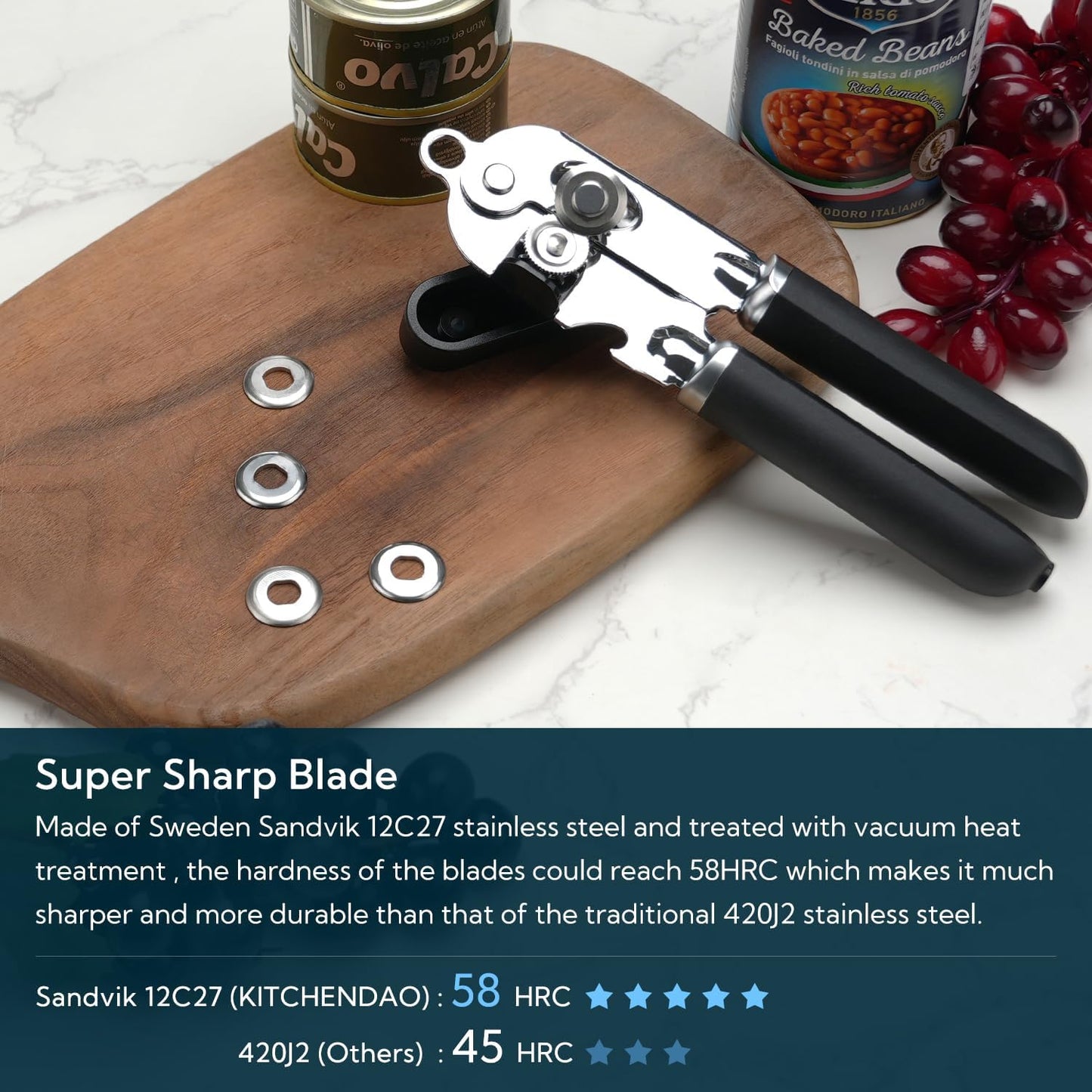 KITCHENDAO Manual Can Opener, Super Sharp Sandvik 12C27 Blade, Handheld Can Opener with Magnet, Smooth Edge Cut, Soft Grip, Oversized Knob for Seniors & Arthritis, Easy to Use, Black