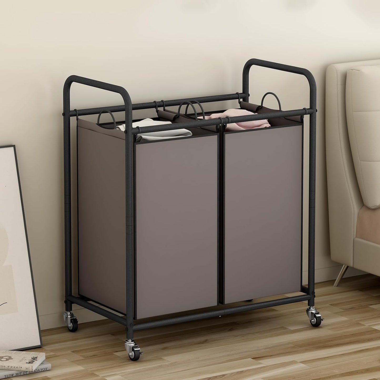 SUOERNUO Laundry Hamper with Lockable Wheels and 2 Removable Bags | Rolling Laundry Basket Laundry Sorter 2 section for Dirty Clothes in Laundry Room or Small Spaces, Grey+Beige