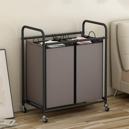 SUOERNUO Laundry Hamper with Lockable Wheels and 2 Removable Bags | Rolling Laundry Basket Laundry Sorter 2 section for Dirty Clothes in Laundry Room or Small Spaces, Grey+Beige