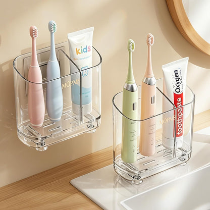 MOPMS Toothbrush Holders with Drainage for Bathrooms Countertop Organizer | 2 Slots Electric Toothbrush Holder Wall-Mount with Divider for Easy Clean, Tooth Brush and Toothpaste Holder for Bathroom