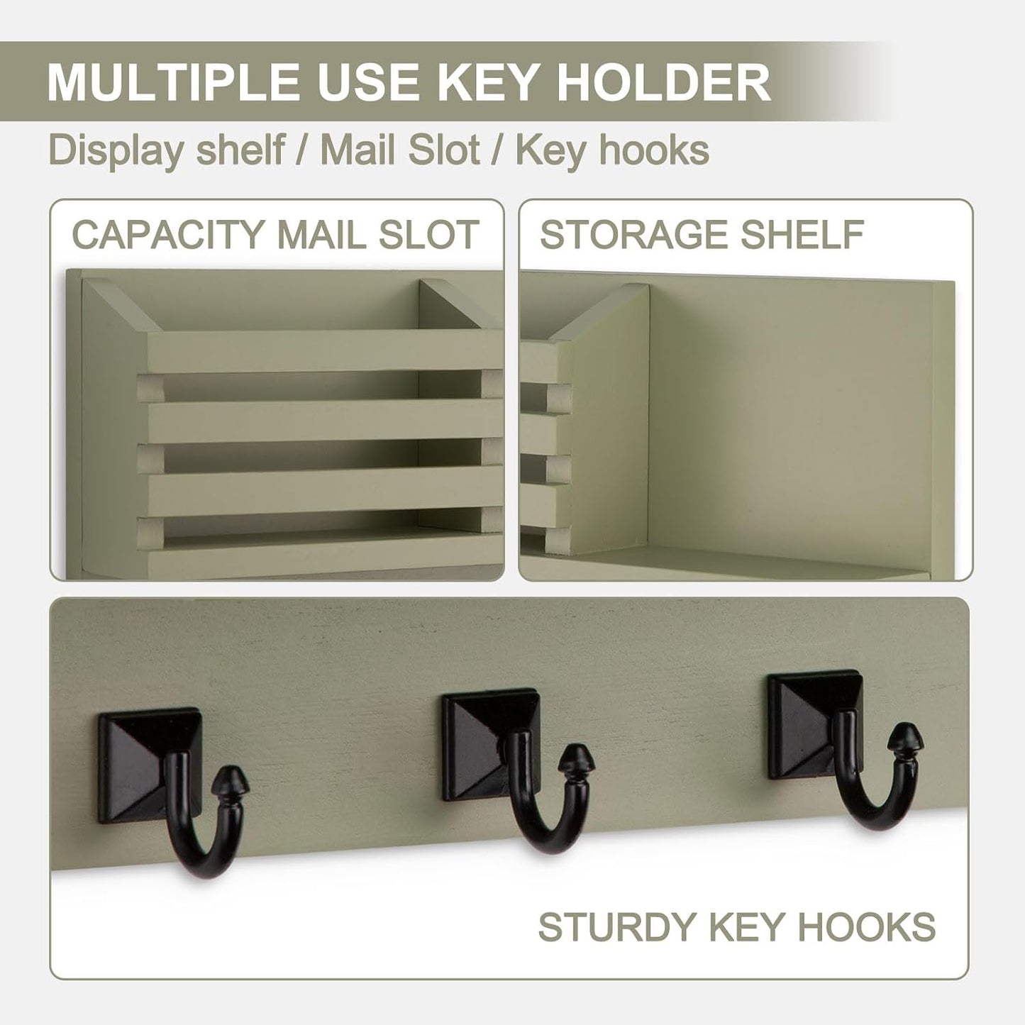 Key Holder Wall Mount, Mail Organizer for Wall with 5 Square Key Hooks | Key Holder for Wall, Key Holder with Shelf Farmhouse Home Decor for Home Entryway