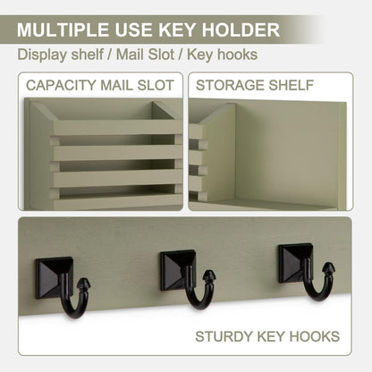 Key Holder Wall Mount, Mail Organizer for Wall with 5 Square Key Hooks | Key Holder for Wall, Key Holder with Shelf Farmhouse Home Decor for Home Entryway