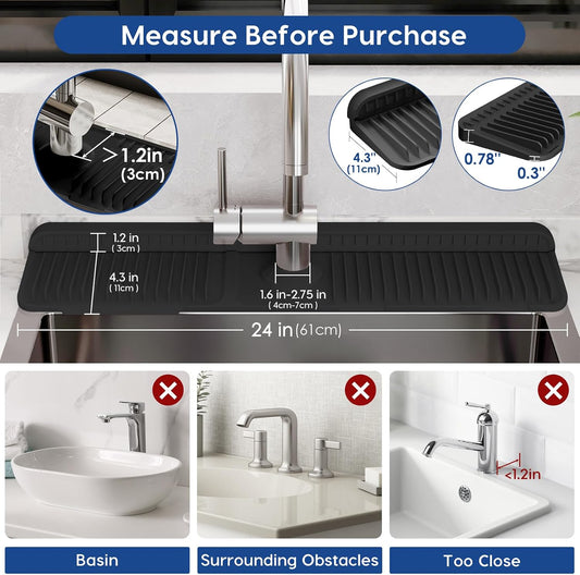 24-Inch Silicone Faucet Mat for Kitchen Sink Splash Guard, 7° Slope