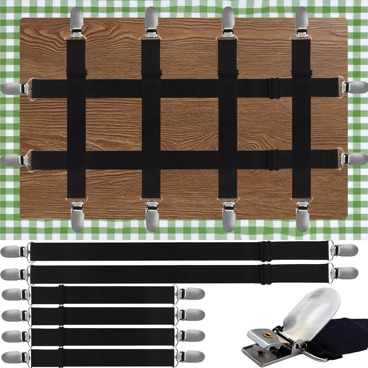 Tablecloth Clips, Multi-Use Sheet Holders for Tables & Beds, 6 Pack | Multi-use clips hold tablecloths and sheets neatly with hidden straps