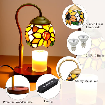 Candle Warmer Lamp - Electric Candle Lamps Timer Dimmer, Sunflower Tiffany Style Stained Glass Candle Warming Lamp Compatible with Jar Candles Valentine Birthday Gifts for Mom Friend Wax Melt Warmer