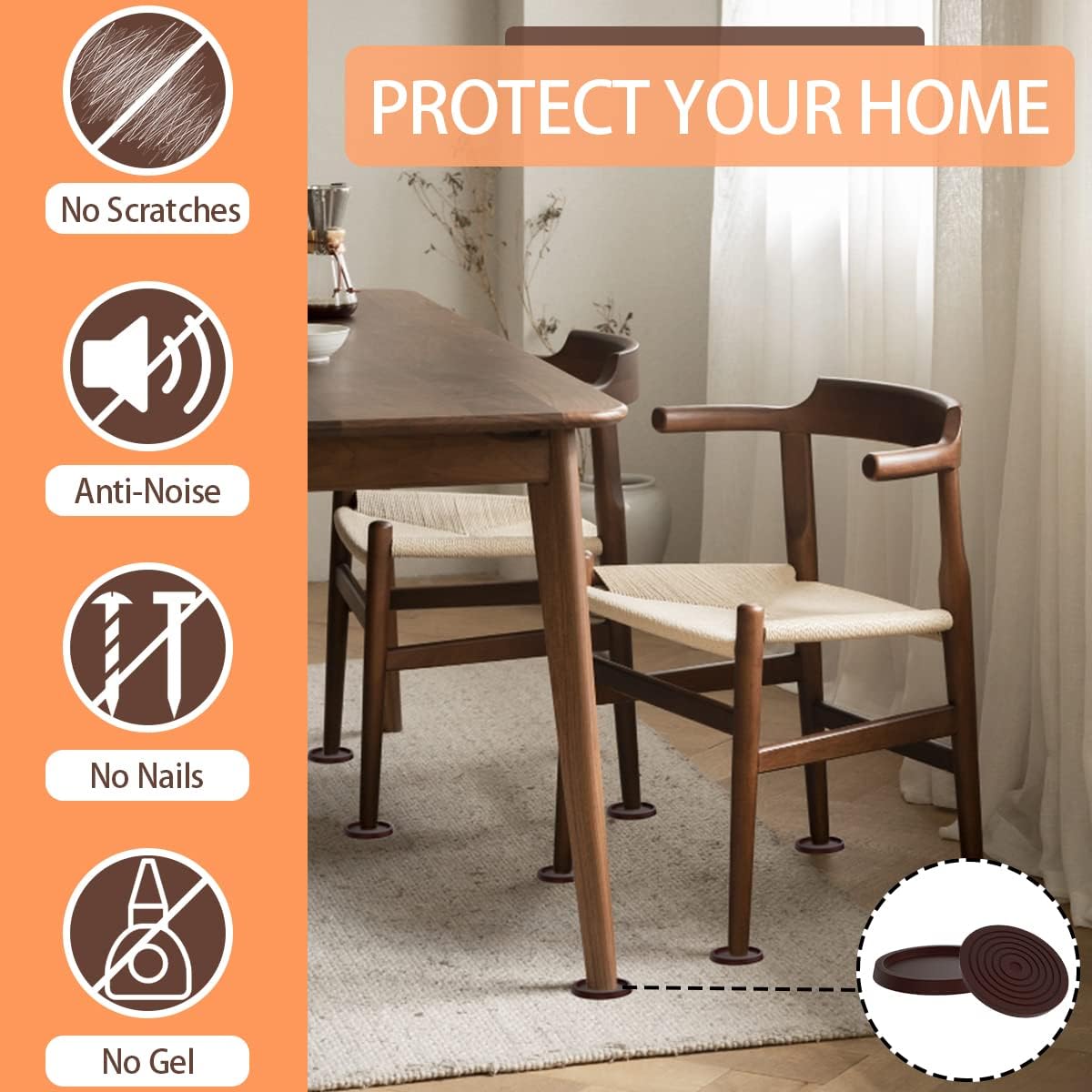 12Pcs 2.5in Furniture Coasters Non-Slip Bed Leg Pads Round Rubber Anti Sliding Caster Cups for Hardwood Floors Brown