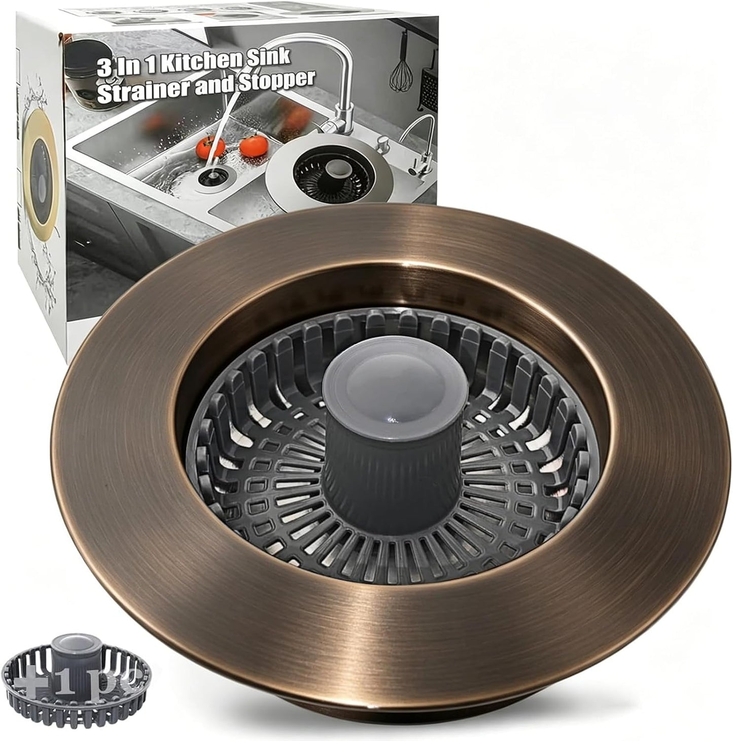 Anlige Kitchen Sink Drain Strainer, 3 in 1 Pop Up Kitchen Sink Stopper, with An Extra Basket Strainer, Universal for US Standard 3-1/2 Inch, Chrome Silver