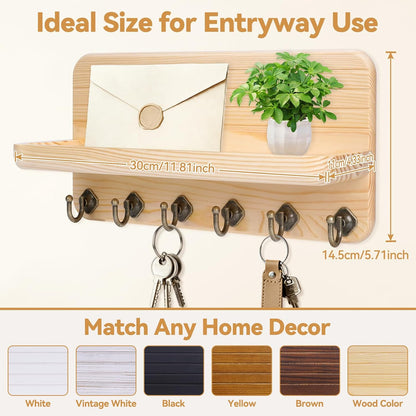 Key Holder for Wall, Mail Organizer Wall Mount with 6 Hooks Wooden Hanging Key Rack for Home Decor, Hallway, Entryway (Yellow)