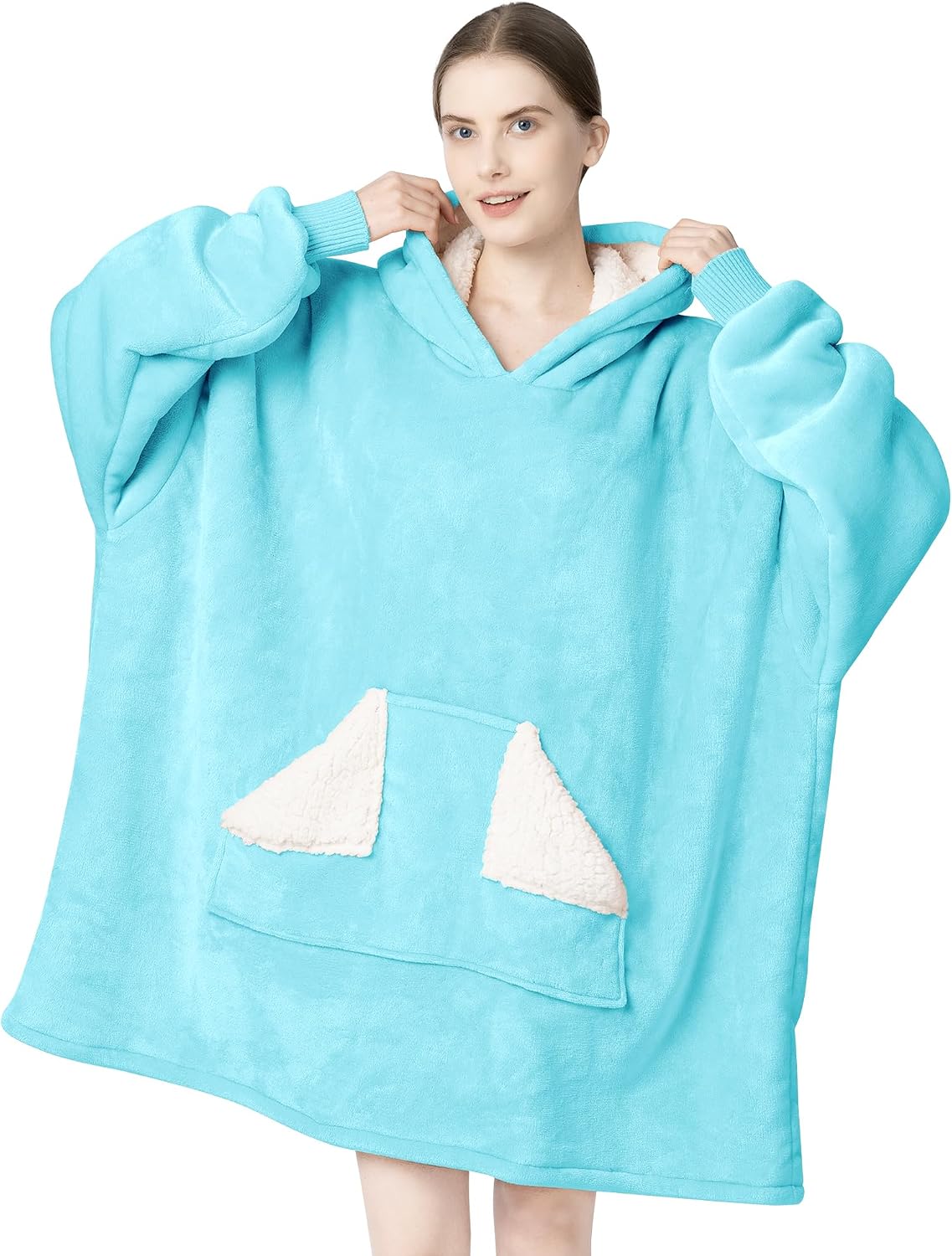 Wearable Blanket Hoodie, Oversized Sherpa Fleece Sweatshirt Blanket with Giant Hood Pocket and Sleeves for Adult, Warm & Cozy Grey Blanket Gifts for Women