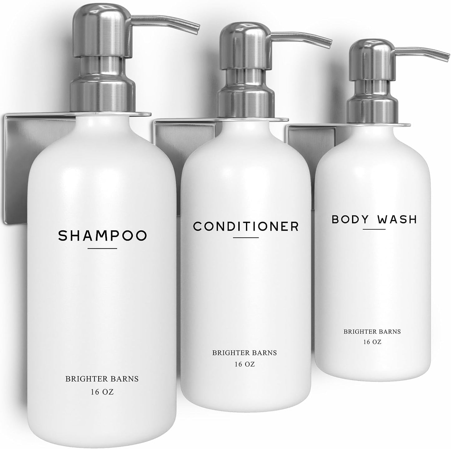 White Shampoo and Conditioner Dispenser Set Wall Mounted by Brighter Barns - Shower Dispenser 3 Chamber No Drill - Refillable Shampoo and Conditioner Bottles for Shower Wall in Airbnb, Hotel (White)