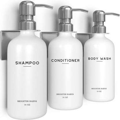 White Shampoo and Conditioner Dispenser Set Wall Mounted by Brighter Barns - Shower Dispenser 3 Chamber No Drill - Refillable Shampoo and Conditioner Bottles for Shower Wall in Airbnb, Hotel (White)