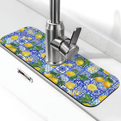 Aquamarine Blue Mexican Tiles Faucet Splash Guard Mat for Kitchen Sink 15x5.5" - Colors B