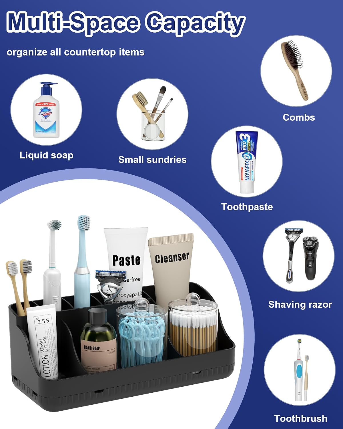 Bathroom Counter Organizer and Storage, 7 Slots Detachable Toothbrush Holders for Bathrooms, Anti-Slip Electric Toothbrush and Toothpaste Holder Countertop Vanity Organizer Accessories for Adults Kids