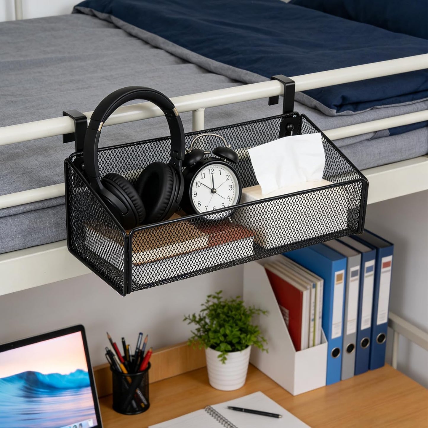 Bedside Caddy Hanging Storage Basket No-Drill – Large Capacity Beside Shelf Metal Organizer for Bunk Bed, Dorm, Office Cubicle, Baby Crib, Includes 5 Pairs Hook Sizes, Holds Phone, Books, Remote