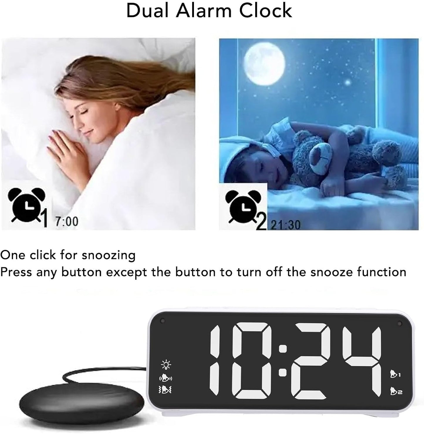 LoudVibrating Alarm Clock for Heavy Sleepers, Alarm Clock with Bed Shaker, Large LED Digital Display AlarmClock with Corded Vibrator for Hearing Impaired Deaf Teens