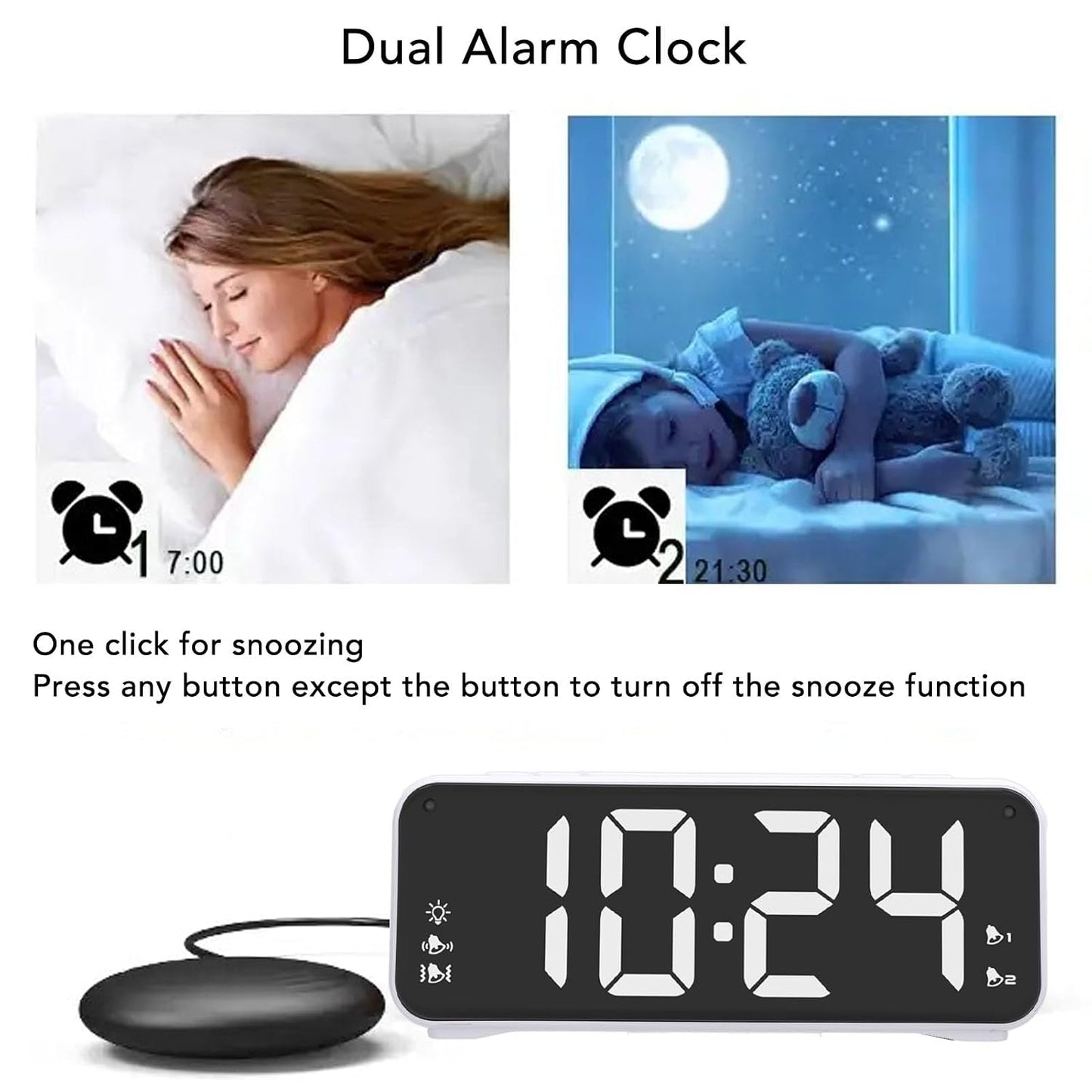 Dioche Extra Loud Dual Alarm Clock with Bed Shaker Powerful Vibrating Alarm Clock for Heavy Sleepers Large LED Display Adjustable Brightness Snooze Function ABS Material