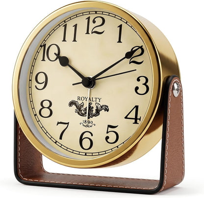 Analog Alarm Clock - 4.5" Silent Non Ticking Small Clock with Light, Rotatable Stand Metal Desk Clock Battery Operated, Simple Design for Living Room Decor/ Bedroom/Bedside/Shelf (Black & White)