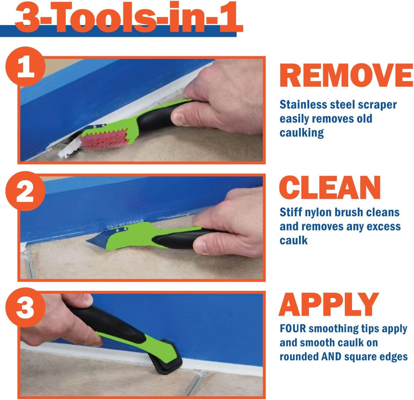 Warner Manufacturing 3-in-1 Caulk Tool for Easy Removal and Application, Scraper, Brush and Applicator,Green