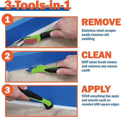 Warner Manufacturing 3-in-1 Caulk Tool for Easy Removal and Application, Scraper, Brush and Applicator,Green
