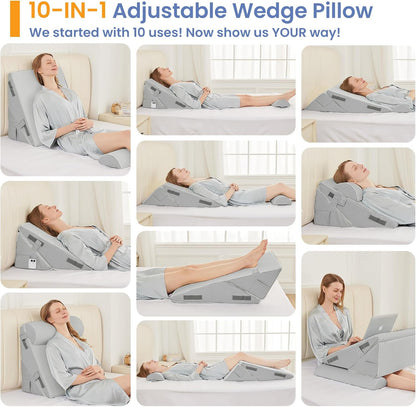 Sasttie Adjustable Wedge Pillow Set for After Surgery, Dark Grey & White | Bed Wedge Pillow Headboard with Memory Foam Neck Cushion, for Acid Reflux, Sleeping, Neck & Back Support