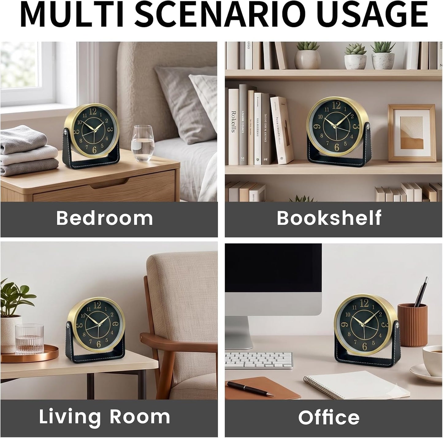 Analog Alarm Clock - 4.5" Silent Non Ticking Small Clock with Light, Rotatable Stand Metal Desk Clock Battery Operated, Simple Design for Living Room Decor/ Bedroom/Bedside/Shelf (Black & White)