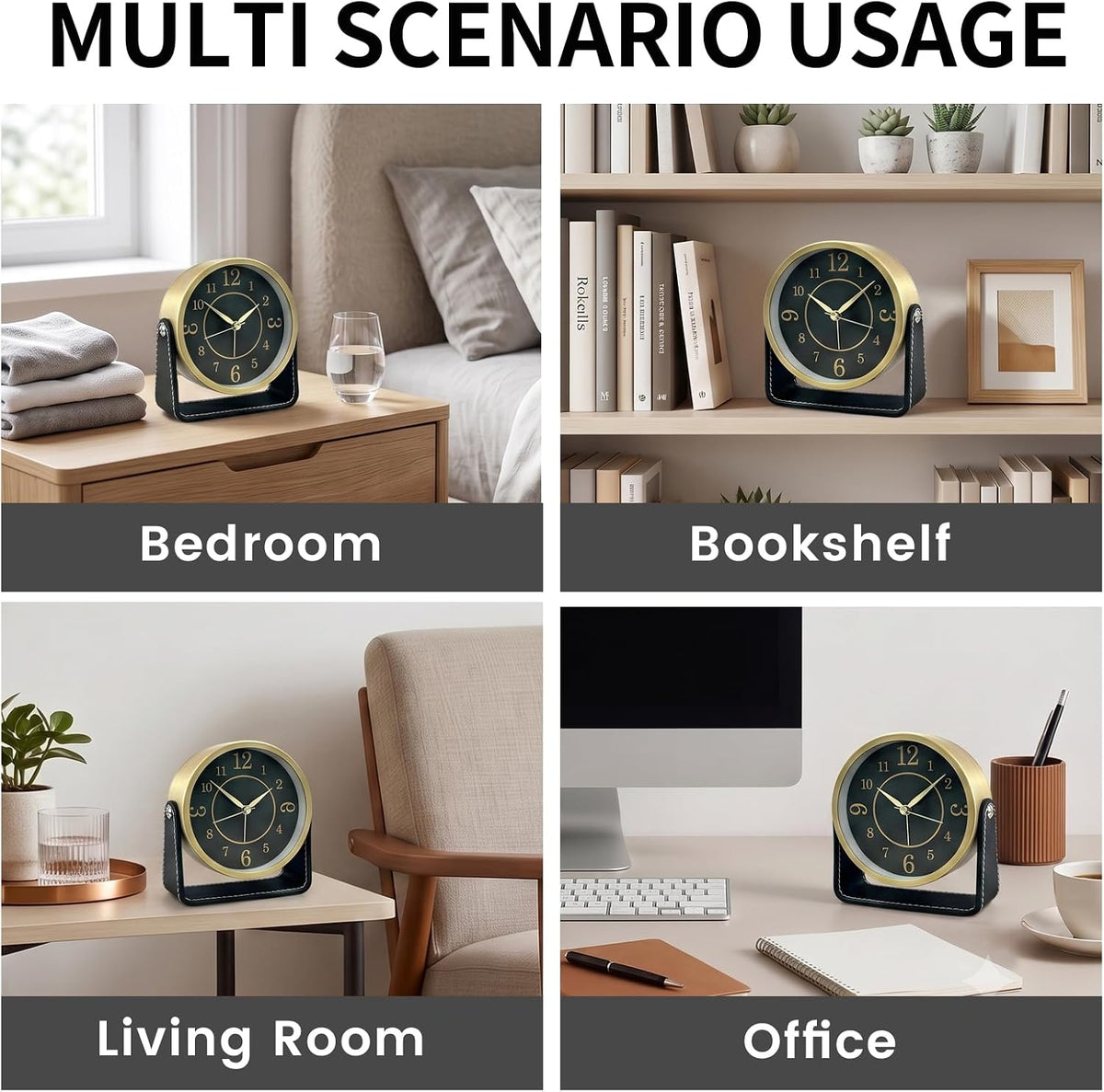 Analog Alarm Clock - 4.5" Silent Non Ticking Small Clock with Light, Rotatable Stand Metal Desk Clock Battery Operated, Simple Design for Living Room Decor/ Bedroom/Bedside/Shelf (Black & White)