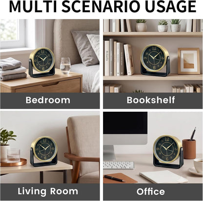 Analog Alarm Clock - 4.5" Silent Non Ticking Small Clock with Light, Rotatable Stand Metal Desk Clock Battery Operated, Simple Design for Living Room Decor/ Bedroom/Bedside/Shelf (Black & White)
