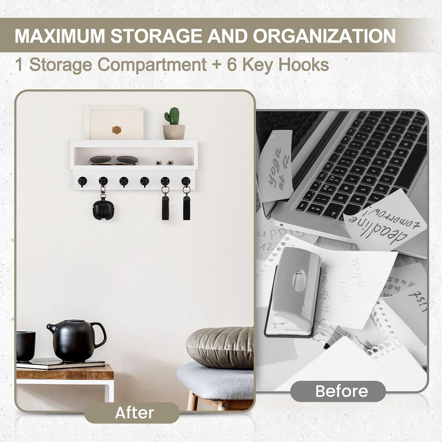 Key and Mail Holder Wall Mount with Long Storage Box and 6 Hooks | Key Holder For Coat, Dog Leash, Home Decor Rack, Entry Way Organizer