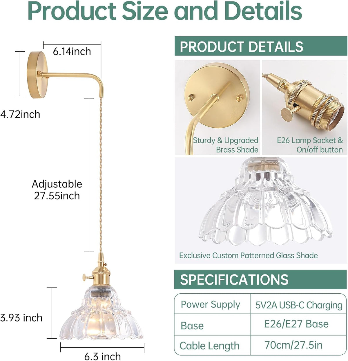 Shenmoyl Battery Operated Wall Sconce Wall Lamp with Green Lily of the Valley Shade Pattern Glass Adjustable Chain Retro Gold Wall Mounted Light, Modern Wall Lamp Fixtures Decor for Bedside Bedroom