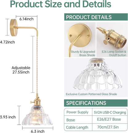 Shenmoyl Battery Operated Wall Sconce Wall Lamp with Green Lily of the Valley Shade Pattern Glass Adjustable Chain Retro Gold Wall Mounted Light, Modern Wall Lamp Fixtures Decor for Bedside Bedroom