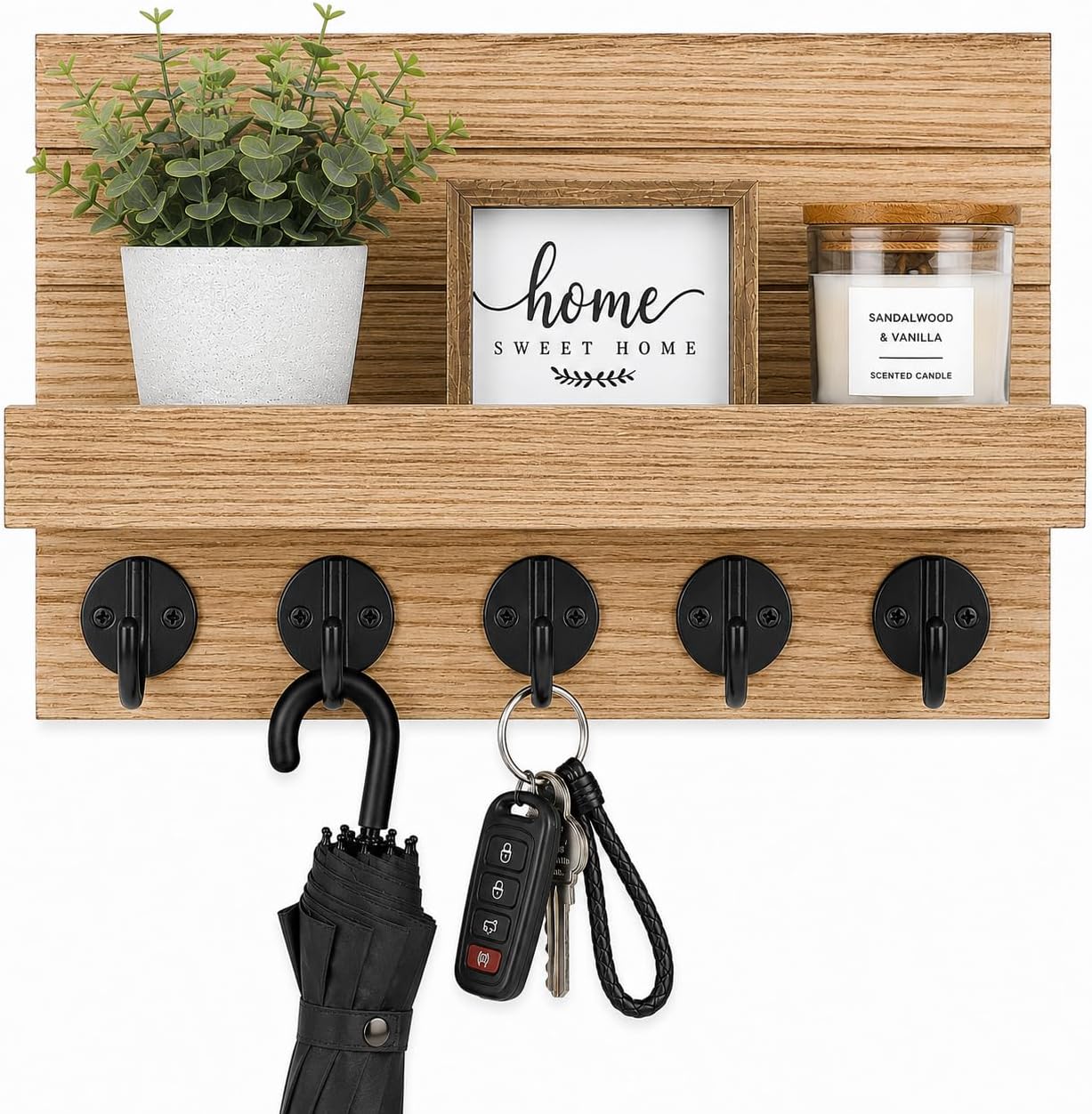 Key Holder for Wall, Decorative Key and Mail Holder, Key Holder Wall Mount with Shelf and Large Hooks, Easy Installation Key Rack for Entryway and Home Decor