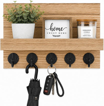 Key Holder for Wall, Decorative Key and Mail Holder, Key Holder Wall Mount with Shelf and Large Hooks, Easy Installation Key Rack for Entryway and Home Decor