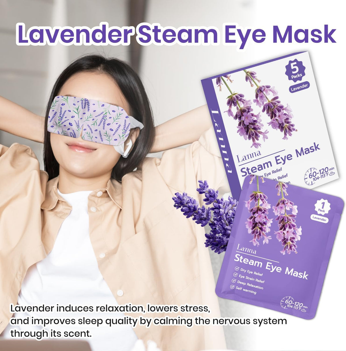 LANNA Heated Steam Eye Mask, Disposable 120 Minutes, Lavender Scent, 5 Pcs