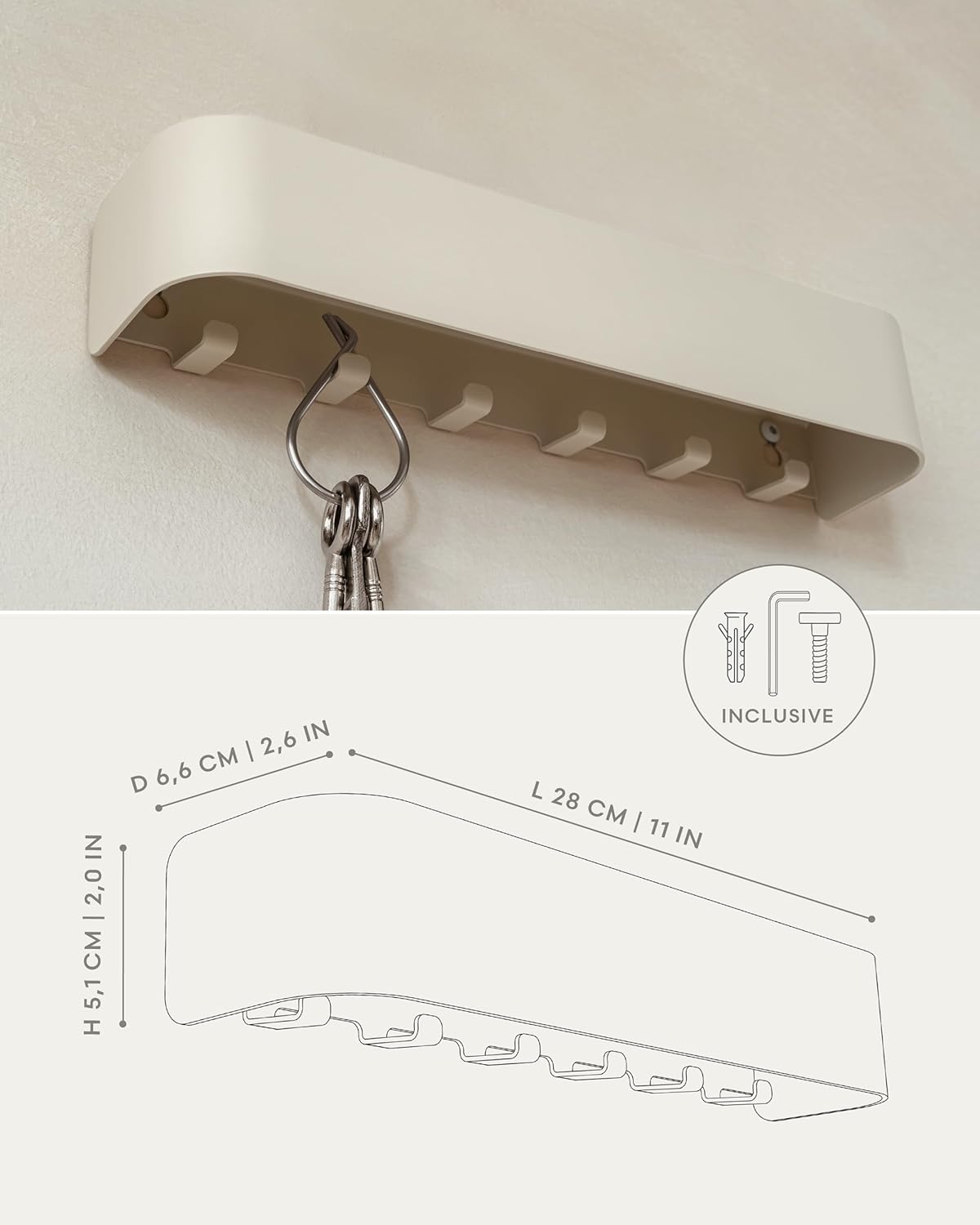 Kazai. Key Holder for Wall 'Tone' | Minimalist Key Hooks Design from Berlin | Modern Key Hanger with Metal Shelf | Key Hook Wall Mounted as Hallway Furniture | Black
