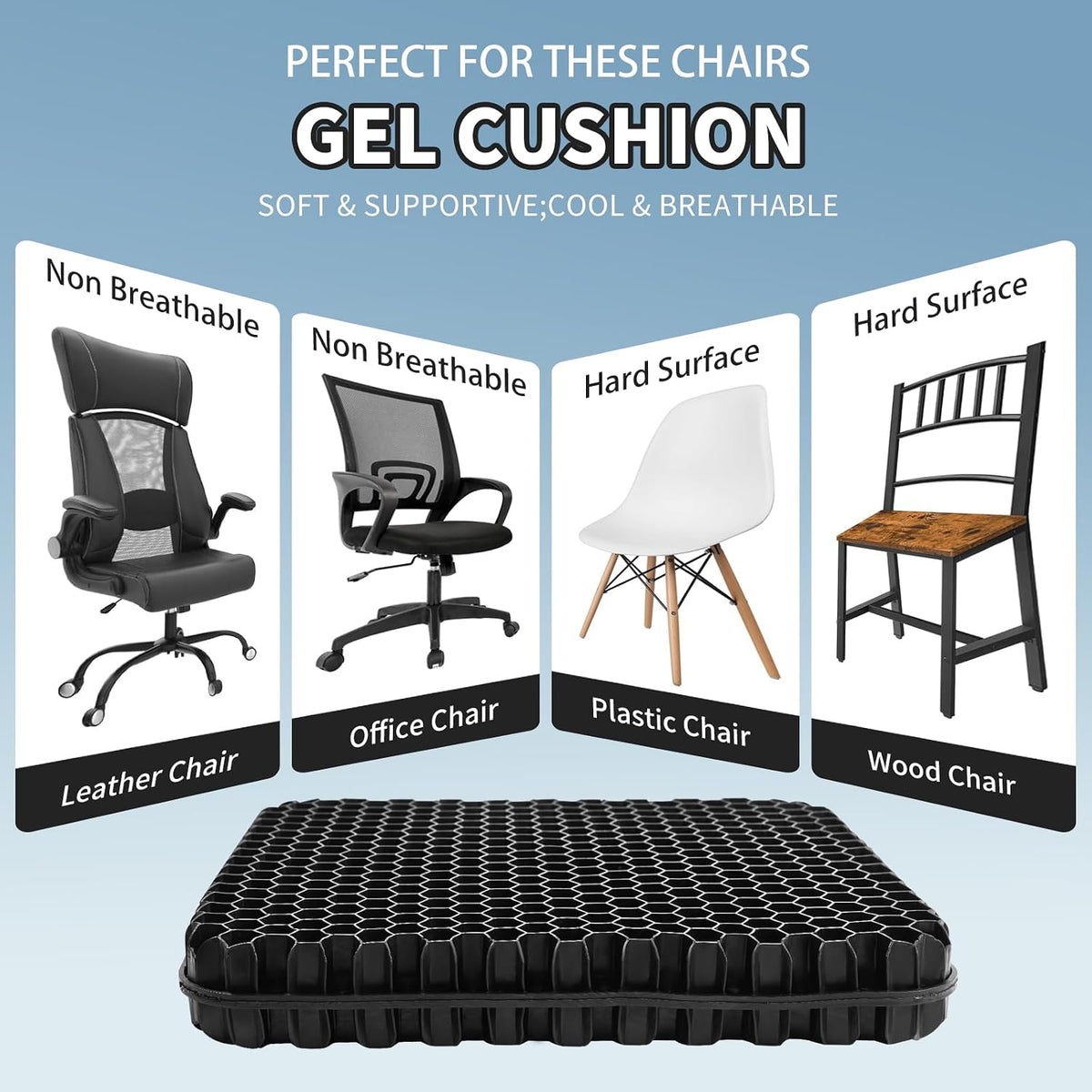 Gel Seat Cushion for Long Sitting - 16.5" x 14.5" x 2.4" (Extra Thick＆Soft)