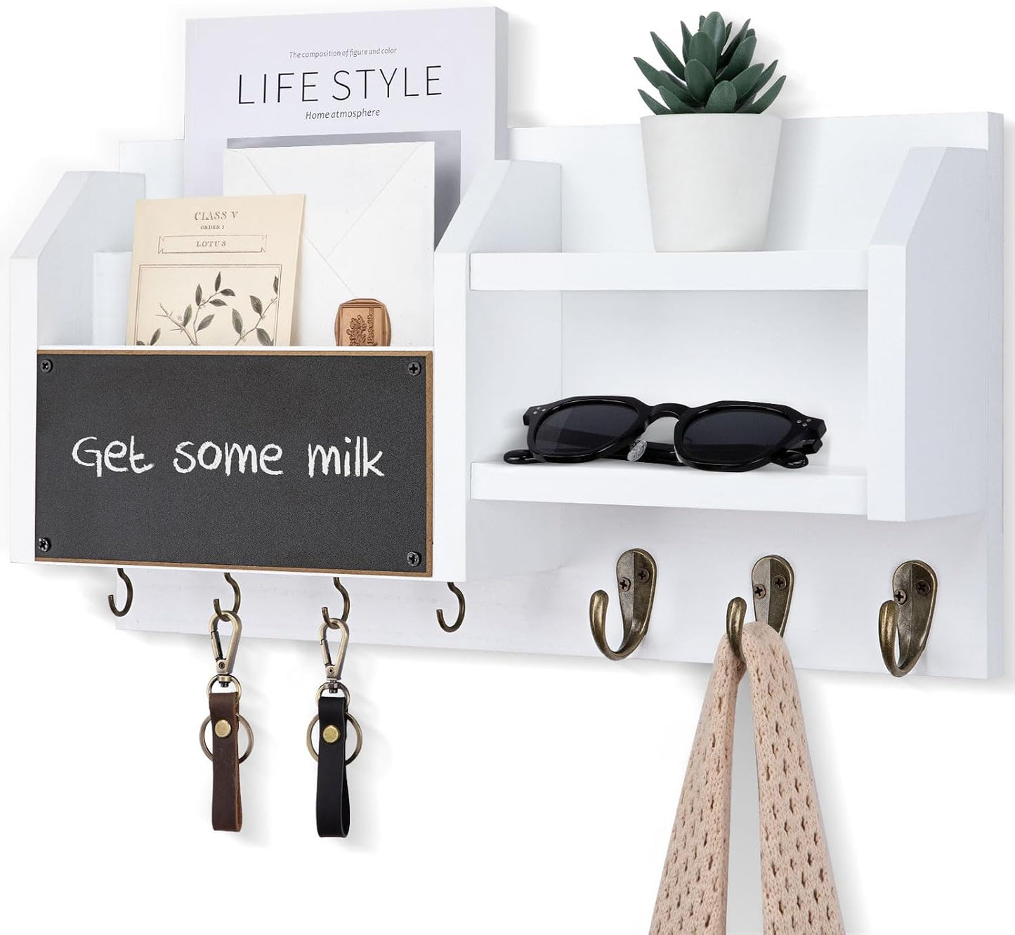 Lwenki Mail and Key Holder – Wall Mount Key Hanger with Shelf and 7 Metal Hooks – Decorative Natural Paulownia Wood Entryway Organizer with Mounting Hardware (16.5”W x 8.7”H x 3.5”D) (Brown)