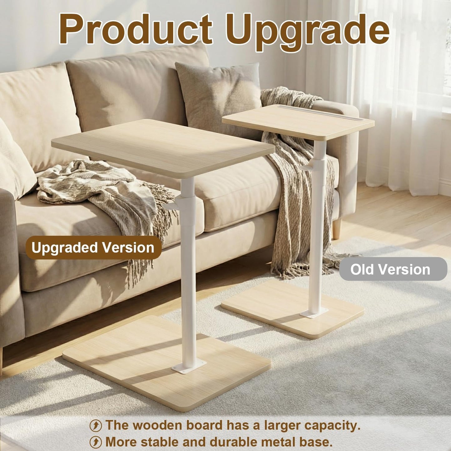 YUHFERA Sofa Armrest Tray Table for Couch - 360° Swivel Height Adjustable End for Small Spaces, Snack Side Table for Bed or Chair with Phone & Tablet Slot (Rustic,Standard)