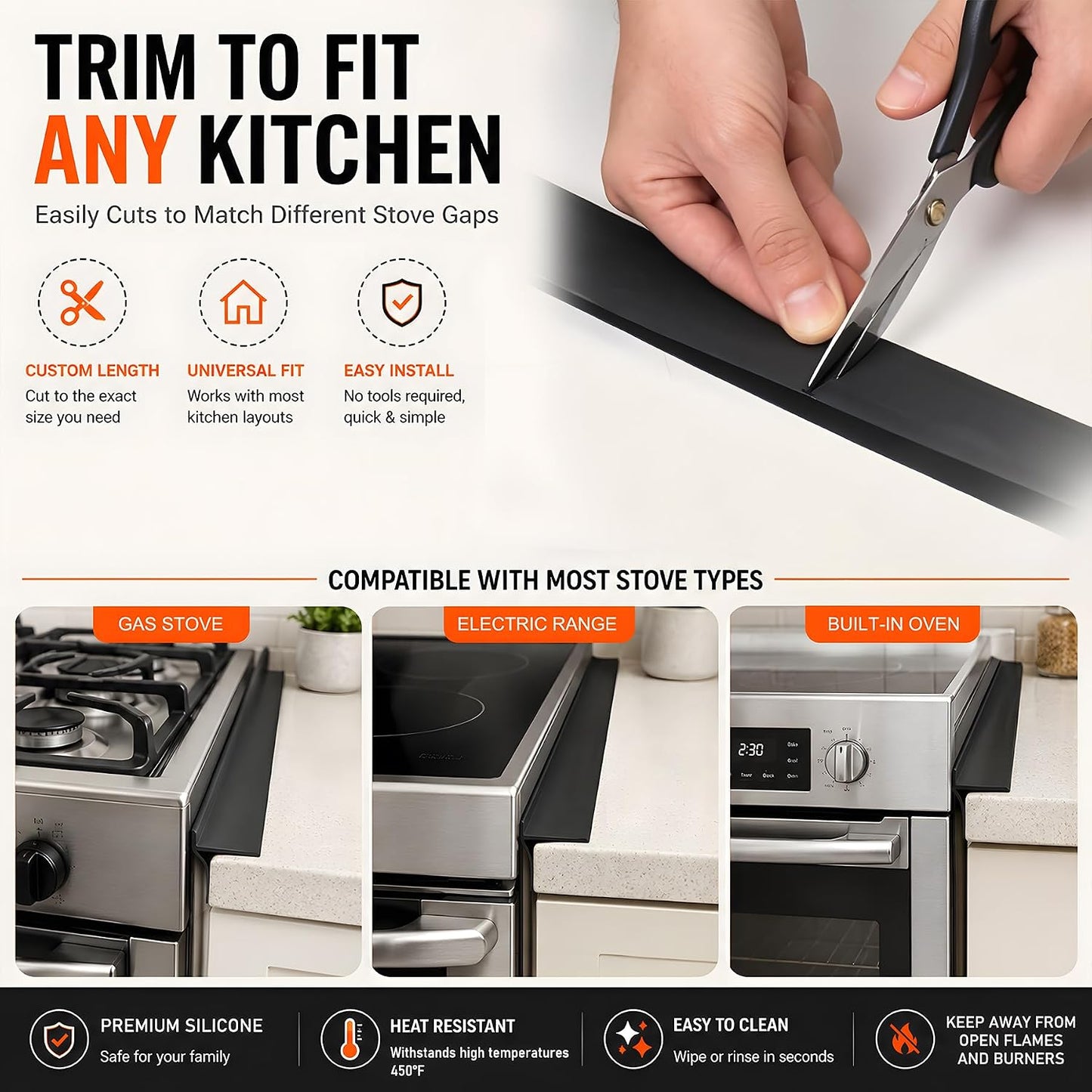 Silicone Stove Counter Gap Cover - 25 Inch Gap Filler 2 Pack Black | Long gap filler seals spills between kitchen appliances Stovetop oven countertop; stove gap cover, gas stove side gap covers
